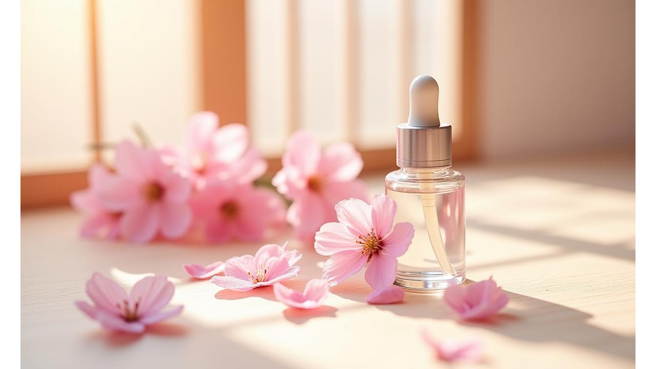 朝露に輝く桜の花びらにナチュラル成分のコスメが優しく置かれている様子