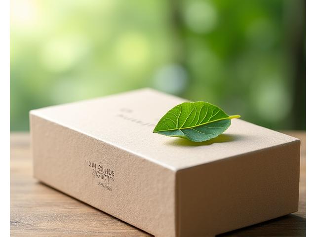 持続可能な森林認証を受けた再生紙の化粧品外箱のクローズアップ。環境への配慮を示すアイコンが印刷されている。